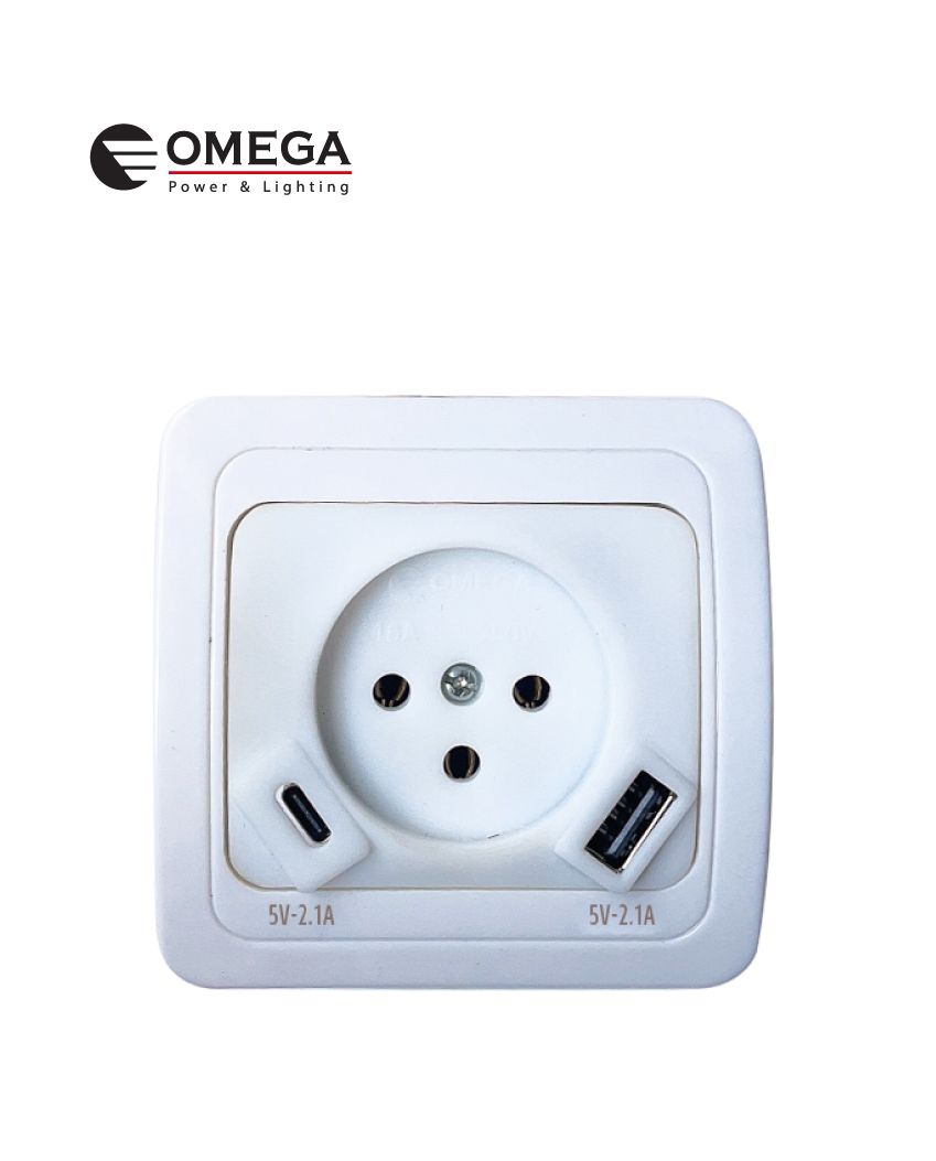 בית תקע ברק שקע כח + USB + כניסת Type C לקופסא 55 שקע חשמל תה"ט אומגה OMEGA OM-SOCKET-C-USB-WH