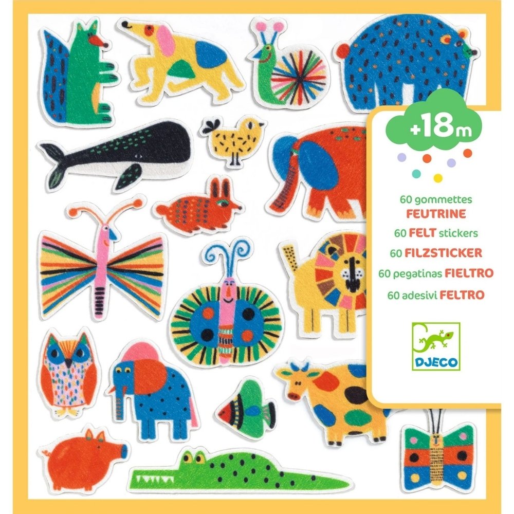 יצירה לקטנטנים - 60 מדבקות לבד - חיות צבעוניות - DJECO