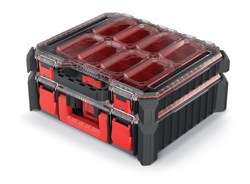סט 2 ארגוניות כלים CMX KCXS4540B מבית Kistenberg דגם 60402 עם מארגן נמוך 10 תאים ומארגן גבוה 6 תאים, מכסים שקופים מפוליקרבונט עמיד ומנעולים מחוזקים מתכת לאחסון מקצועי של כלי עבודה
