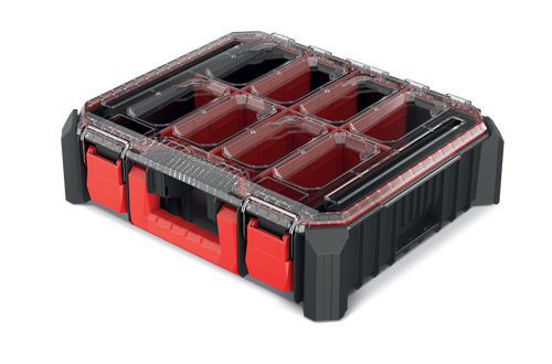 ארגונית C BLOCK BRIDGE ORGANISER דגם KCBB4540S מבית Kistenberg עם מכסה שקוף, 2 קופסאות נשלפות ו-7 מפרידים נשלפים, מציעה פונקציונליות כפולה לאחסון ופלטפורמת גשר