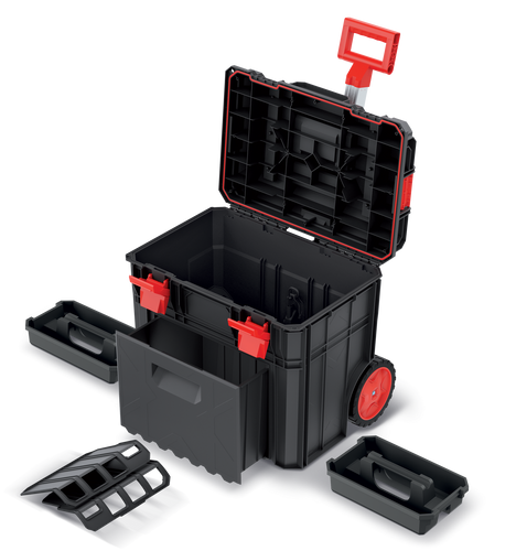 ארגז כלים נייד X BLOCK PRO TOOL TROLLEY 50 מגירות דגם KXB604050D מבית KISTENBERG עם ידית טלסקופית וגלגלים, כולל מגירה מיוחדת ופלטפורמת עבודה עד 120 ק