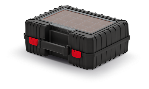 ארגונית משולבת ארגז כלים HEAVY TOOL CASE 40 KHV40B דגם 60407 מבית Kistenberg עם 7 קופסאות נשלפות, מכסה שקוף מפוליקרבונט, רצועות הידוק פנימיות וידית ארגונומית לאחסון וארגון כלים מקצועי