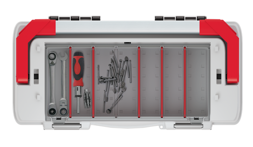 ארגז כלים KISTENBERG EVO55 דגם KEVA5530SAL - ארגז שחור-אדום עם ידית אלומיניום, אורגנייזר במכסה ומגש ביטים לאחסון מקצועי