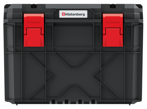 ארגז כלים KISTENBERG X BLOCK TECH KXB604040G - ארגז פולימרים מחוזק עם מכסה פתוח המציג מגשים נשלפים ומסילות אלומיניום, משמש כפלטפורמת עבודה עד 120 ק״ג