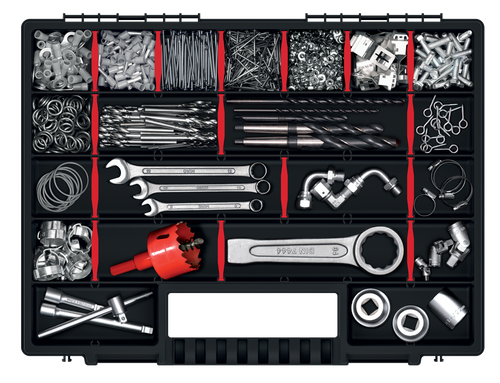 אורגינייזר NORS 16 דגם KNO40305S - קופסת ארגון מקצועית עם 26 מחיצות נשלפות, מכסה שקוף ונעילות עמידות לאחסון כלי עבודה וחלקי חילוף