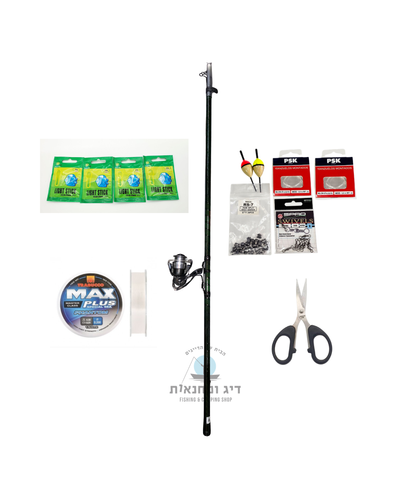 סט דיג מלא הכולל חכת קרבון 6 מטר Siweida Spiral Power ירוקה, רולר Daiwa Crossfire LT 2500, חוט טרבוקו וערכת אביזרי דיג.