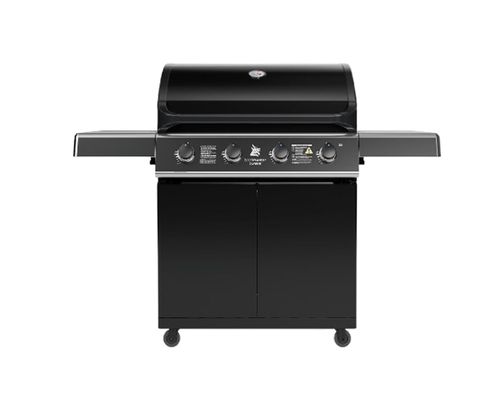 גריל גז Beefmaster Classic 4 עם עגלה שחורה מבריקה - 4 מבערי יצקת ברזל עוצמתיים עם כירת צד ומערכת Sear Plus לצלייה מקצועית בחצר
