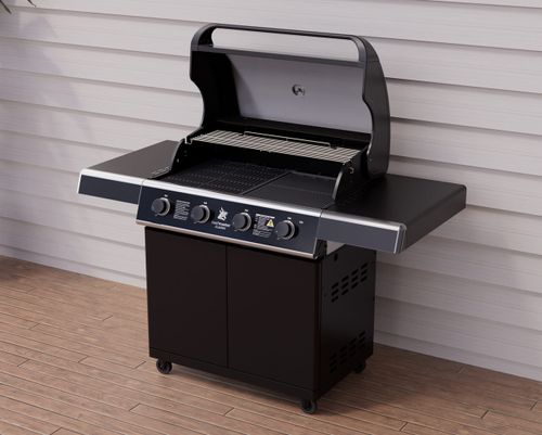 גריל גז Beefmaster Classic 4 עם עגלה שחורה מבריקה - 4 מבערי יצקת ברזל עוצמתיים עם כירת צד ומערכת Sear Plus לצלייה מקצועית בחצר