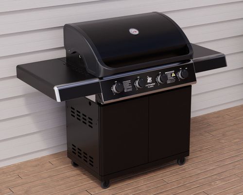 גריל גז Beefmaster Classic 4 עם עגלה שחורה מבריקה - 4 מבערי יצקת ברזל עוצמתיים עם כירת צד ומערכת Sear Plus לצלייה מקצועית בחצר
