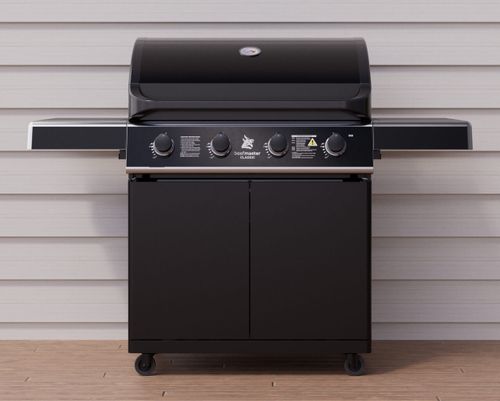 גריל גז Beefmaster Classic 4 עם עגלה שחורה מבריקה - 4 מבערי יצקת ברזל עוצמתיים עם כירת צד ומערכת Sear Plus לצלייה מקצועית בחצר
