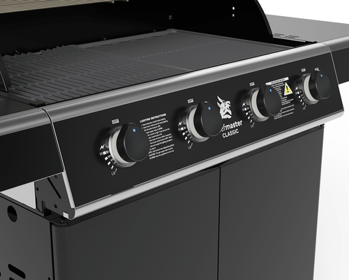 גריל גז Beefmaster Classic 4 עם עגלה שחורה מבריקה - 4 מבערי יצקת ברזל עוצמתיים עם כירת צד ומערכת Sear Plus לצלייה מקצועית בחצר