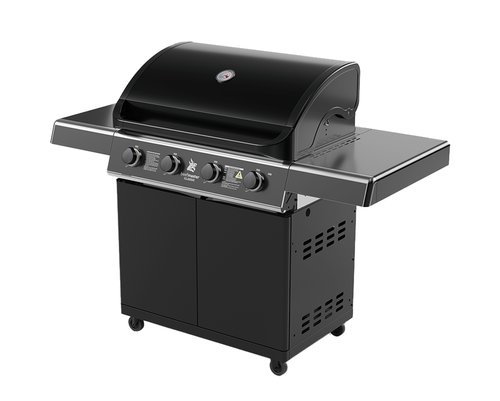 גריל גז Beefmaster Classic 4 עם עגלה שחורה מבריקה - 4 מבערי יצקת ברזל עוצמתיים עם כירת צד ומערכת Sear Plus לצלייה מקצועית בחצר