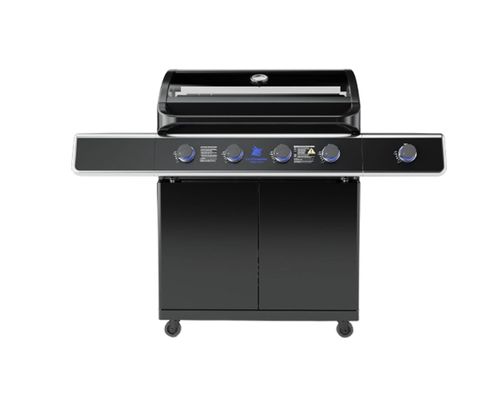 גריל גז Beefmaster Premium 4 - גריל עוצמתי עם עגלה שחורה, 4 מבערי Quad יציקת ברזל, כירת צד ומדפים צדדיים מתקפלים לצלייה מקצועית