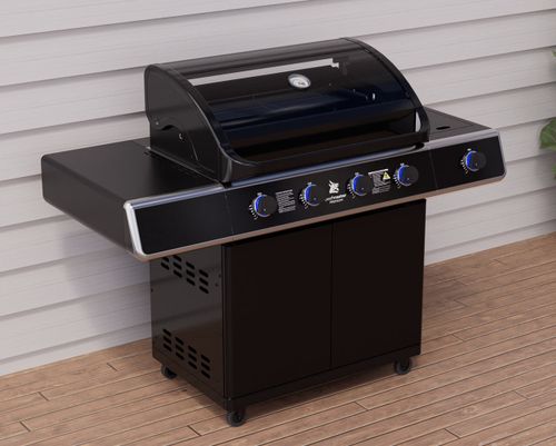 גריל גז Beefmaster Premium 4 - גריל עוצמתי עם עגלה שחורה, 4 מבערי Quad יציקת ברזל, כירת צד ומדפים צדדיים מתקפלים לצלייה מקצועית