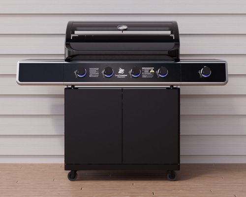 גריל גז Beefmaster Premium 4 - גריל עוצמתי עם עגלה שחורה, 4 מבערי Quad יציקת ברזל, כירת צד ומדפים צדדיים מתקפלים לצלייה מקצועית