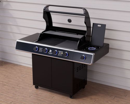 גריל גז Beefmaster Premium 4 - גריל עוצמתי עם עגלה שחורה, 4 מבערי Quad יציקת ברזל, כירת צד ומדפים צדדיים מתקפלים לצלייה מקצועית