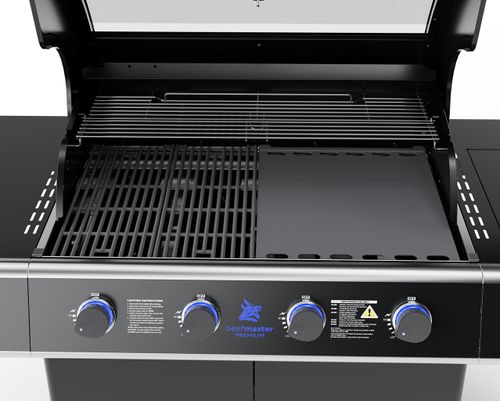 גריל גז Beefmaster Premium 4 - גריל עוצמתי עם עגלה שחורה, 4 מבערי Quad יציקת ברזל, כירת צד ומדפים צדדיים מתקפלים לצלייה מקצועית
