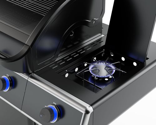גריל גז Beefmaster Premium 4 - גריל עוצמתי עם עגלה שחורה, 4 מבערי Quad יציקת ברזל, כירת צד ומדפים צדדיים מתקפלים לצלייה מקצועית