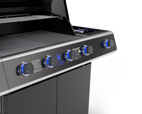גריל גז Beefmaster Premium 4 - גריל עוצמתי עם עגלה שחורה, 4 מבערי Quad יציקת ברזל, כירת צד ומדפים צדדיים מתקפלים לצלייה מקצועית