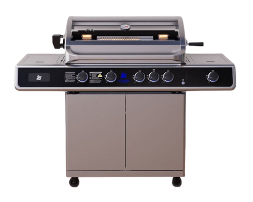 גריל גז Beefmaster Deluxe 4 עם עגלה יציבה - 4 מבערי Quad יציקת ברזל, כירת צד עוצמתית ומבער אינפרא אחורי לצלייה מקצועית