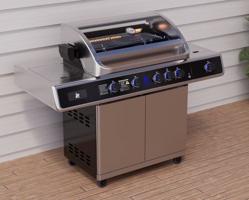 גריל גז Beefmaster Deluxe 4 עם עגלה יציבה - 4 מבערי Quad יציקת ברזל, כירת צד עוצמתית ומבער אינפרא אחורי לצלייה מקצועית