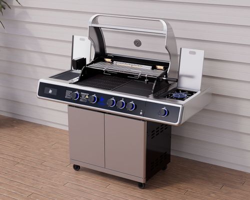 גריל גז Beefmaster Deluxe 4 עם עגלה יציבה - 4 מבערי Quad יציקת ברזל, כירת צד עוצמתית ומבער אינפרא אחורי לצלייה מקצועית