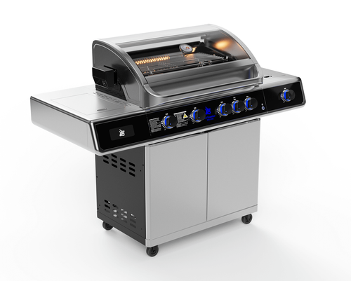 גריל גז Beefmaster Deluxe 4 עם עגלה יציבה - 4 מבערי Quad יציקת ברזל, כירת צד עוצמתית ומבער אינפרא אחורי לצלייה מקצועית