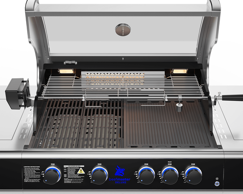 גריל גז Beefmaster Deluxe 4 עם עגלה יציבה - 4 מבערי Quad יציקת ברזל, כירת צד עוצמתית ומבער אינפרא אחורי לצלייה מקצועית