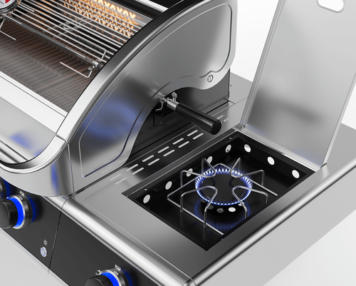 גריל גז Beefmaster Deluxe 4 עם עגלה יציבה - 4 מבערי Quad יציקת ברזל, כירת צד עוצמתית ומבער אינפרא אחורי לצלייה מקצועית