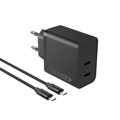 מטען בית שחור +כבל NONSTOP PowerLine 2*PD 45W C-C