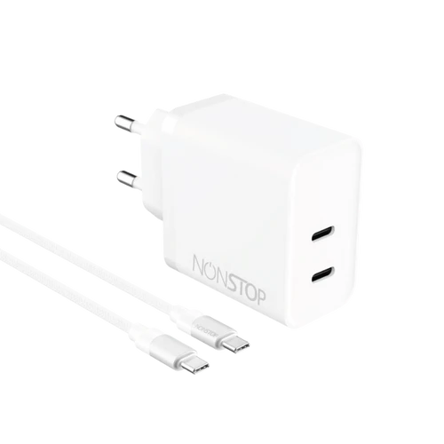 מטען בית לבן +כבל NONSTOP PowerLine 2*PD 45W C-C