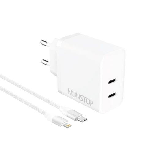 מטען בית לבן +כבל NONSTOP PowerLine 2*PD 45W C-L