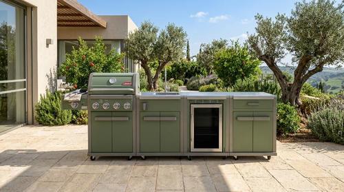 גריל רבולושן 4 ירוק חדש + כירת צד גז + יח’ כיור + יח’ מקרר Coleman + ארון אחסון 
