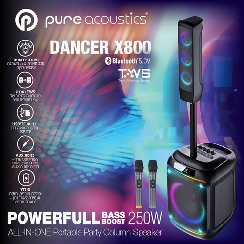 בידורית +קולונה  250W כולל 2 מיקרופונים אלחוטיים PURE ACOUSTICS DANCER-X800
