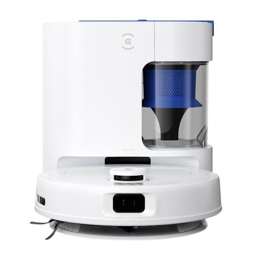 שואב רובוטי Ecovacs Deebot N20e Plus לבן לצד תחנת העגינה המעוצבת שלו