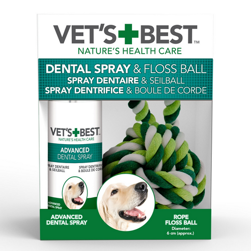 ערכת דנטל לכלב: תרסיס שיניים Vet's Best וכדור חבל דנטלי לניקוי יסודי לכלבים