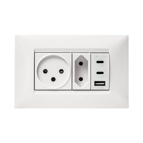  מארז טריפל USB 2C+A PD 20W, שקע, שקע דו פיני ומסגרת BE לבנה 4M ניסקו סוויץ' 