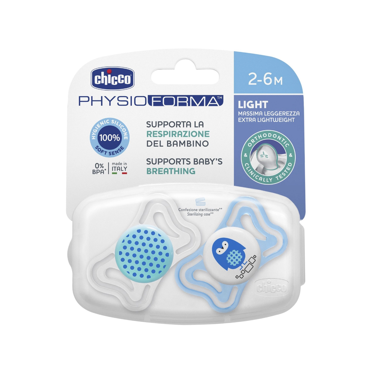 זוג מוצצי סיליקון 2-6 חודשים תכלת/לבן  Chicco PhysioForma Light 