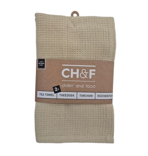 זוג מגבות מטבח וופל  100% כותנה צבע בז CHEF - tea towel