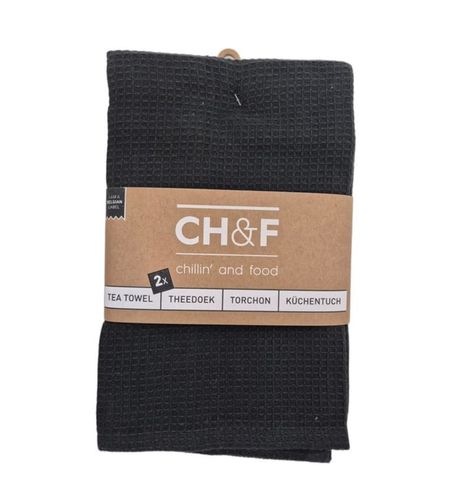 זוג מגבות מטבח וופל  100% כותנה צבע שחור  CHEF - tea towel