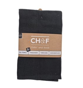 זוג מגבות מטבח וופל  100% כותנה צבע שחור  CHEF - tea towel