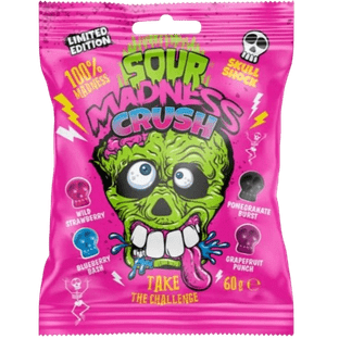 SOUR MADNESS CRUSH - סוכריות קשות חמוצות במיוחד בטעמי אוכמניות, תות, ענבים ורימון 60 גרם (כשר)
