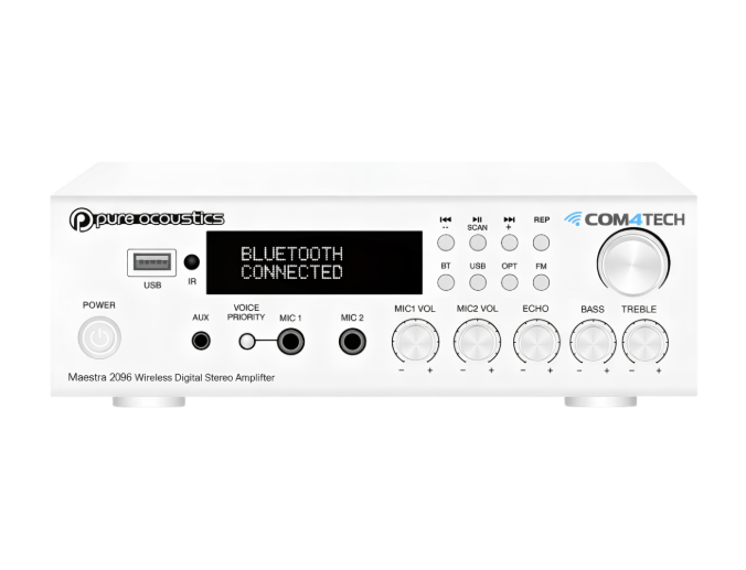 מגבר סטריאו קומפקטי לבן Pure Acoustics AV-2096 2CH With Optical IN\2In Mic \ USB \ AUX \ Bluetooth \ 100W