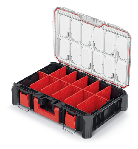 ארגונית X BLOCK BRIDGE ORGANISER דגם KXBB5540S של KISTENBERG עם מכסה שקוף, 2 קופסאות נשלפות ו-11 מפרידים לארגון פריטים קטנים ושילוב עם מערכות X BLOCK