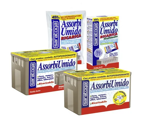 מערכת מסיר לחות Saratoga AssorbiUmido דגם 93.600.001 כולל מכסה מגש איסוף ושקית מלחים 450 גרם - פתרון מתקדם ללחות עודפת בבתים סירות וקרוואנים