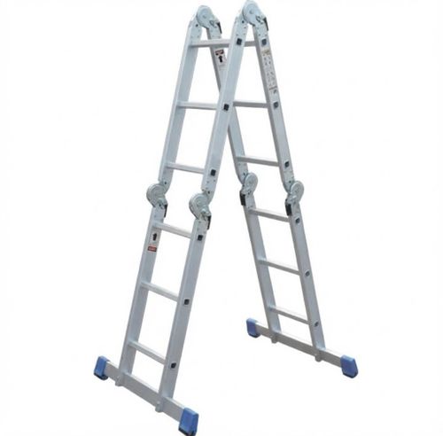 סולם אלומיניום מתקפל TIANGIN JINMAO FE4x3 - סולם 4×3 שלבים במצב A על רקע לבן, מציג מבנה אלומיניום חזק עם רגליות נגד החלקה ומנגנון נעילה מתקדם