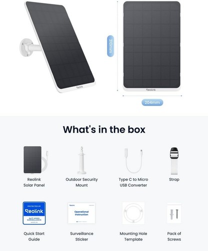 פאנל סולארי 12W עוצמתי למצלמות Reolink עם חיבור USB-C