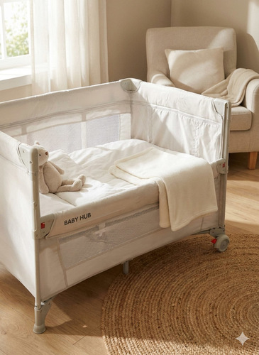לול רשת 4 ב 1 Baby Hub לול, עריסה מתחברת, משטח החתלה ומיטת קמפינג עם דופן עולה / יורדת בייבי מישל