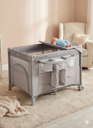 לול רשת 4 ב 1 Baby Hub לול, עריסה מתחברת, משטח החתלה ומיטת קמפינג עם דופן עולה / יורדת בייבי מישל