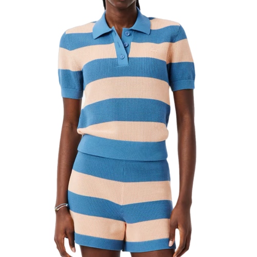 חולצה LACOSTE מידות XS-XL לנשים בדוגמת פסים אפרסק-כחול